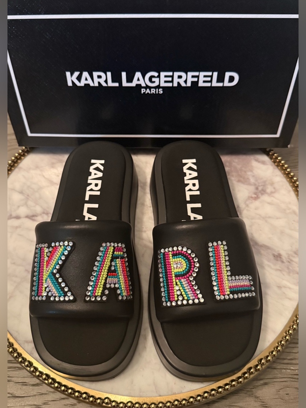 🚨Karl Lagerfeld Opal Black Multi Platform Sandals | Size: 5  (NWB)